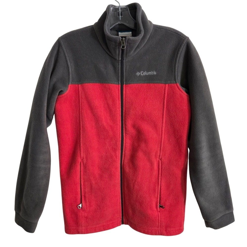 Columbia Women's Large Fleece Jacket Gray Red Full Zip Outdoor Hiking Coat